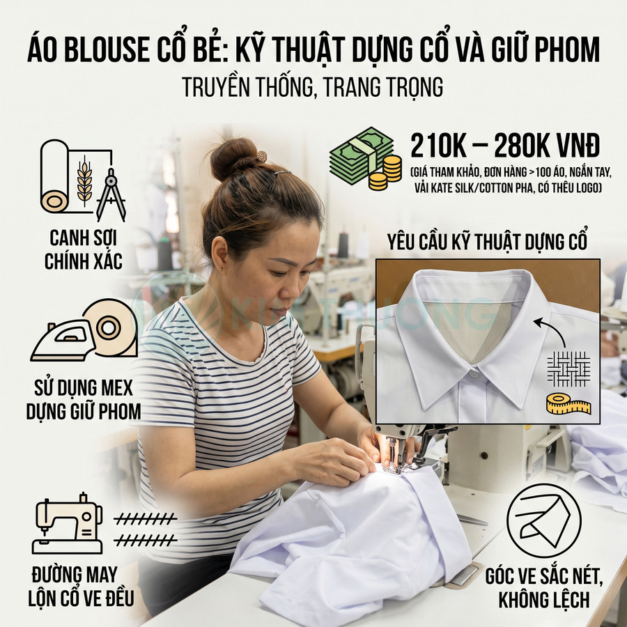 Thợ may đang may áo blouse cổ bẻ trắng trên máy, nhấn mạnh kỹ thuật dựng cổ và giữ phom chuẩn