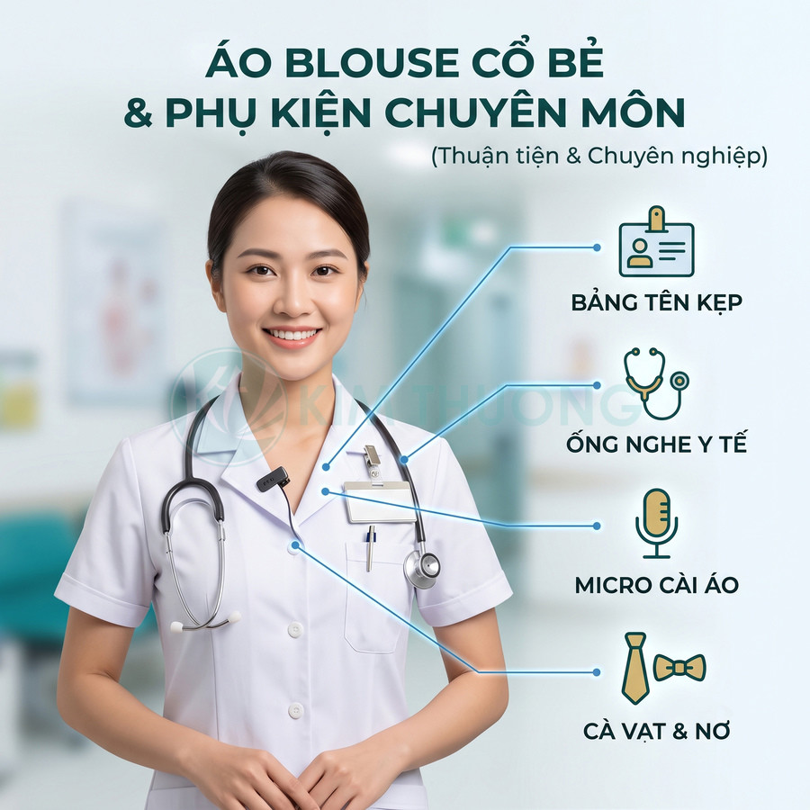 Áo blouse cổ bẻ cho bác sĩ kèm phụ kiện bảng tên kẹp, ống nghe y tế, micro cài áo, cà vạt và nơ