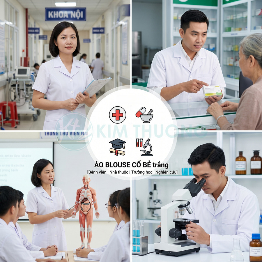 Áo blouse cổ bẻ màu trắng cho bác sĩ, dược sĩ và giảng viên y khoa trong bệnh viện và phòng thí nghiệm