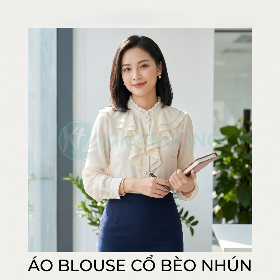 Áo blouse nữ cổ bèo nhún màu kem tay dài phối chân váy công sở navy