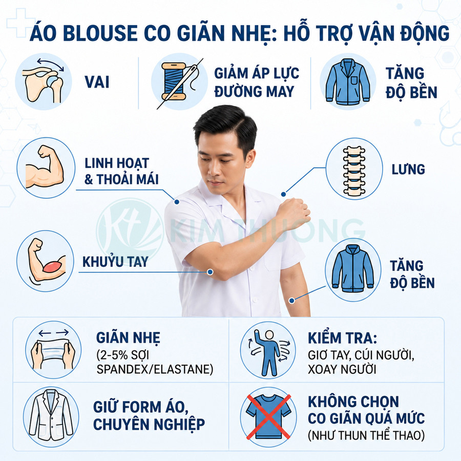Nam bác sĩ mặc áo blouse co giãn nhẹ màu trắng, thiết kế linh hoạt hỗ trợ vận động vai và khuỷu tay