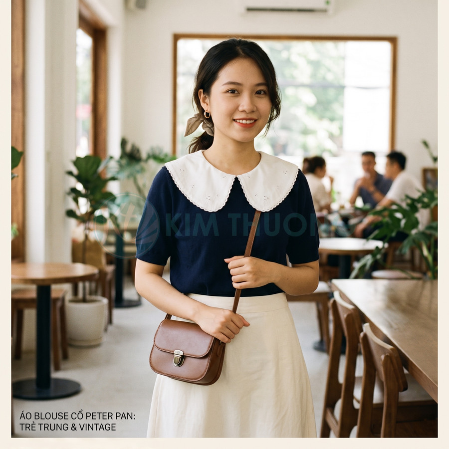 Áo blouse cổ Peter Pan màu xanh navy phối chân váy trắng và túi đeo chéo da nâu vintage