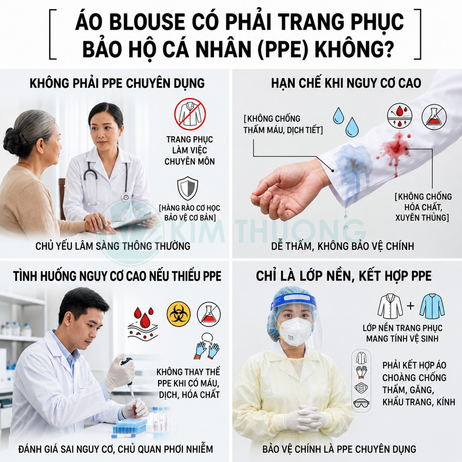 Infographic giải thích áo blouse không phải PPE, cần kết hợp áo choàng, găng, khẩu trang và kính bảo hộ trong môi trường y tế