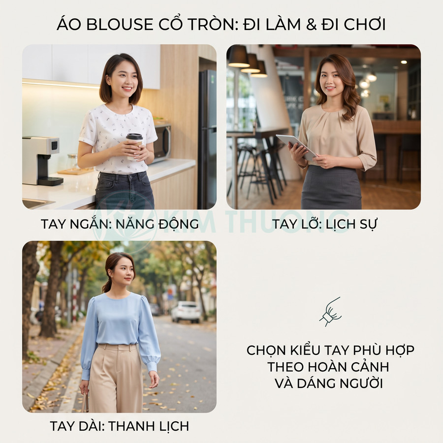 Các mẫu áo blouse cổ tròn tay ngắn, tay lỡ, tay dài cho nữ phù hợp đi làm và đi chơi