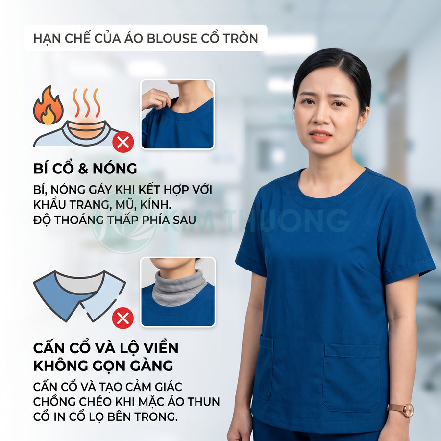 Nữ nhân viên y tế mặc áo blouse cổ tròn màu xanh dương đứng trong bệnh viện, minh họa nhược điểm áo cổ tròn