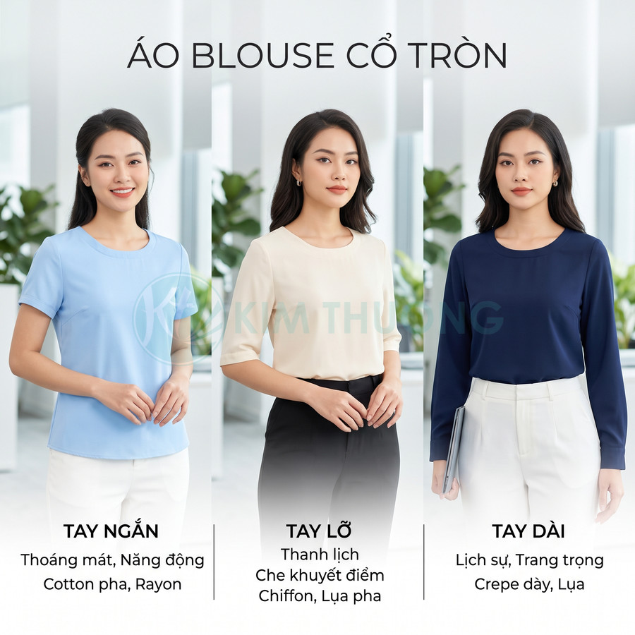 Mẫu áo blouse cổ tròn tay ngắn tay lỡ tay dài cho nữ công sở màu xanh kem navy