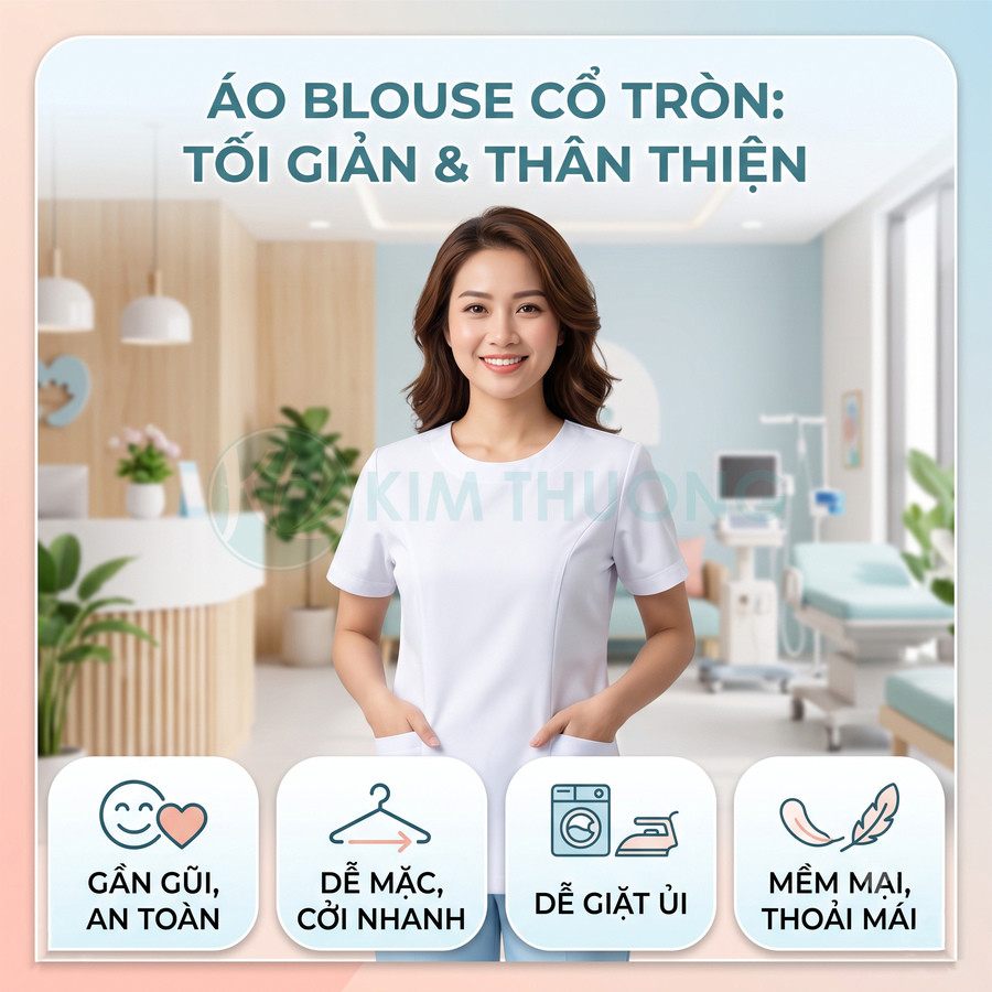 Áo blouse cổ tròn màu trắng cho nhân viên y tế, thiết kế tối giản, dễ mặc và thoải mái trong bệnh viện