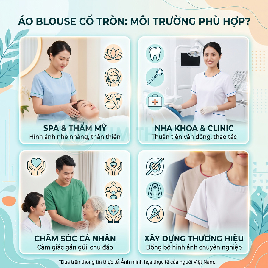 Áo blouse cổ tròn cho nhân viên spa, nha khoa, chăm sóc cá nhân, đồng phục xây dựng hình ảnh chuyên nghiệp