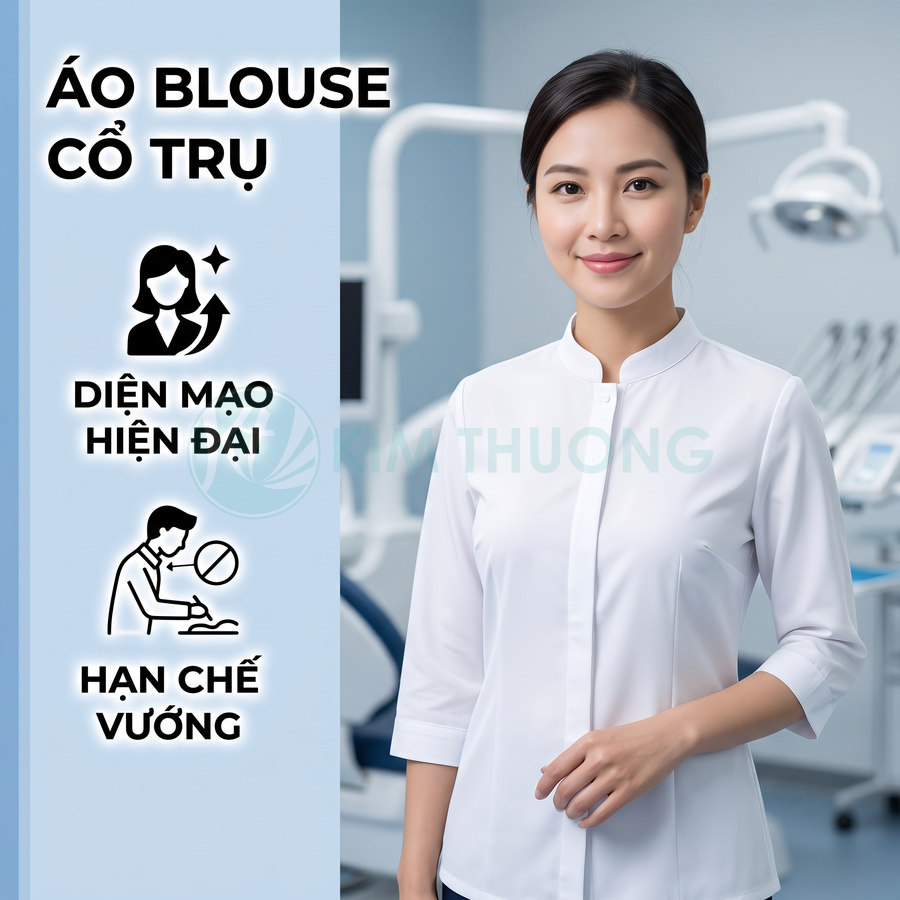 Áo blouse cổ trụ tay lửng màu trắng cho nữ nhân viên y tế trong phòng khám hiện đại