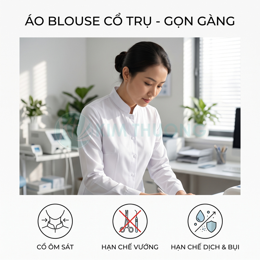 Áo blouse cổ trụ trắng cho nhân viên y tế, thiết kế ôm gọn, hạn chế vướng và chống bám dịch bụi