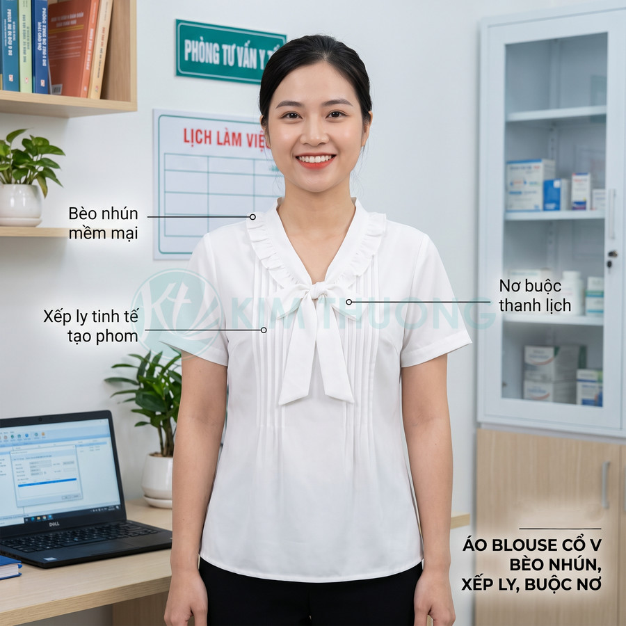 Nữ nhân viên y tế mặc áo blouse cổ V bèo nhún buộc nơ trắng, xếp ly tinh tế trong phòng khám