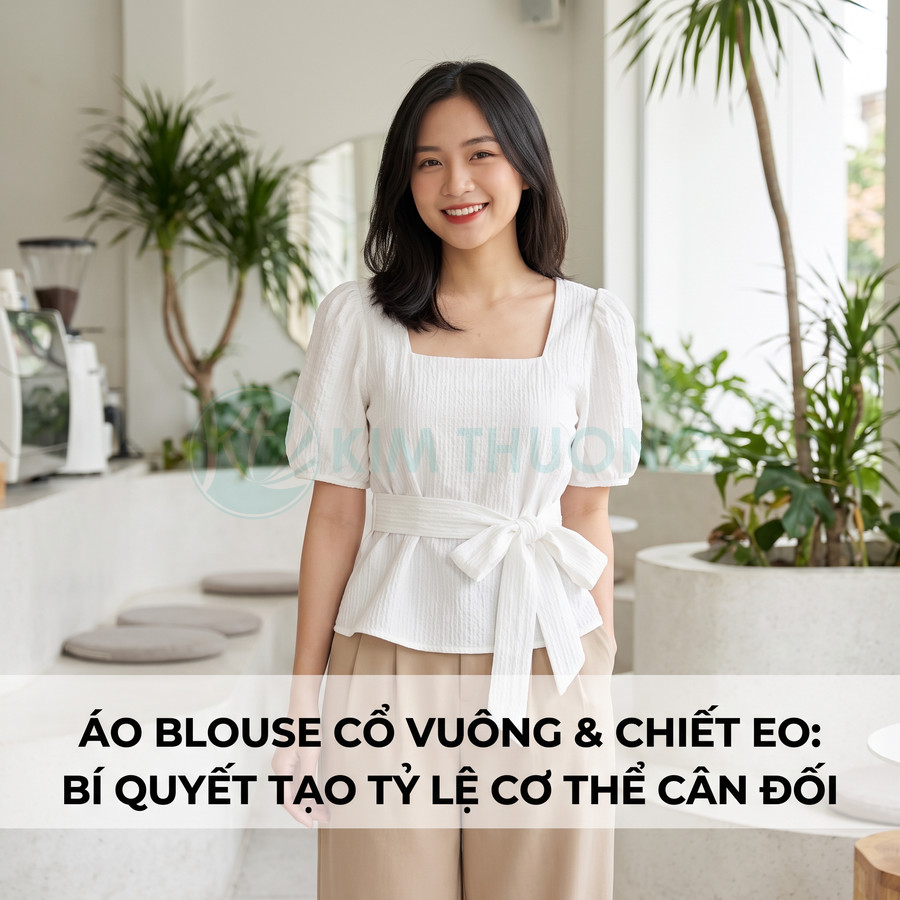 Áo blouse cổ vuông chiết eo màu trắng thắt nơ, phối quần ống rộng màu be trong không gian quán cà phê