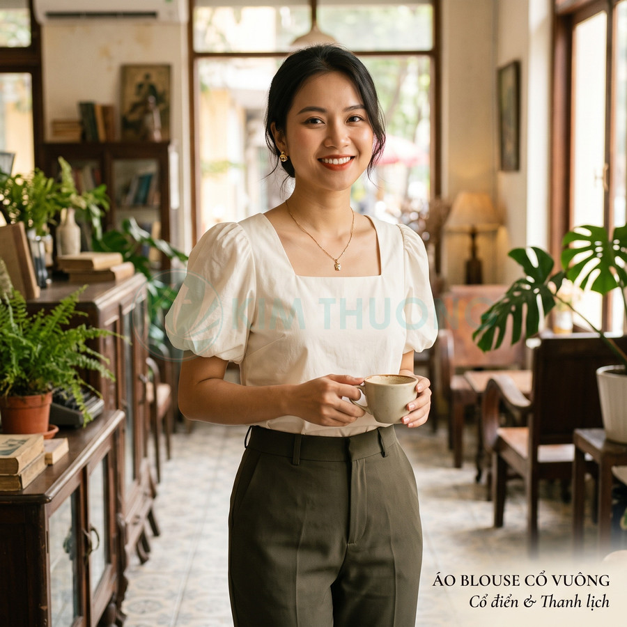 Áo blouse cổ vuông tay phồng màu trắng phối quần tây xanh rêu trong quán cà phê vintage