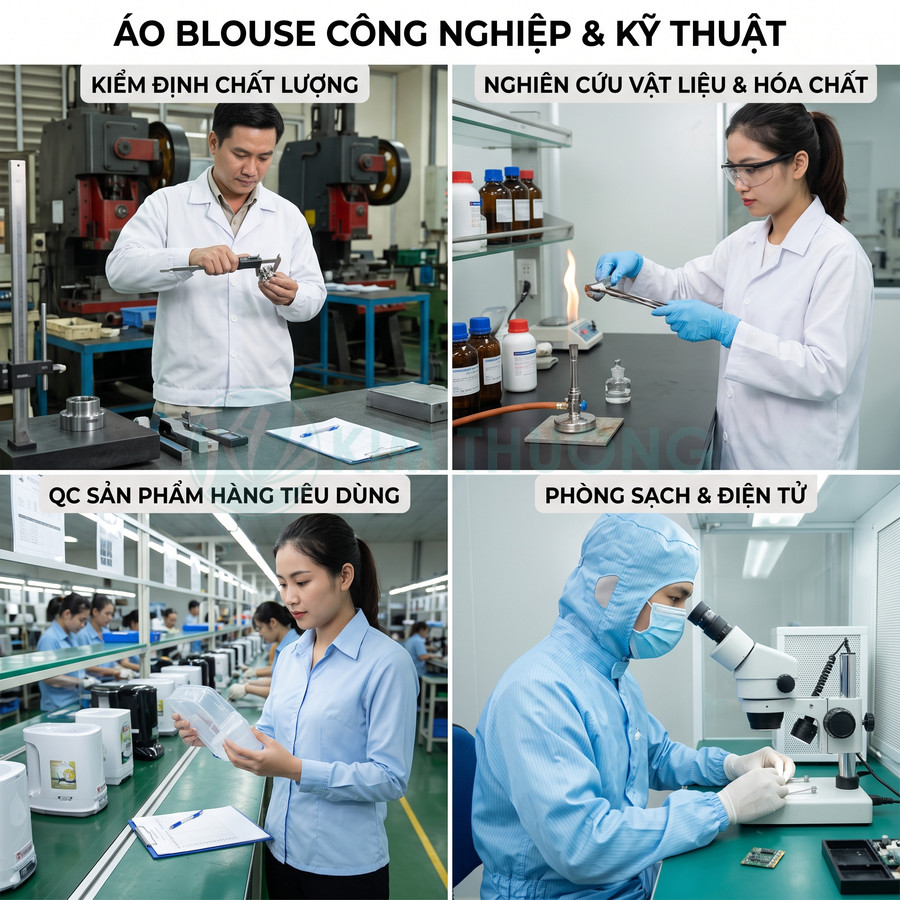 Áo blouse công nghiệp và kỹ thuật cho kiểm định chất lượng, nghiên cứu hóa chất, QC và phòng sạch điện tử