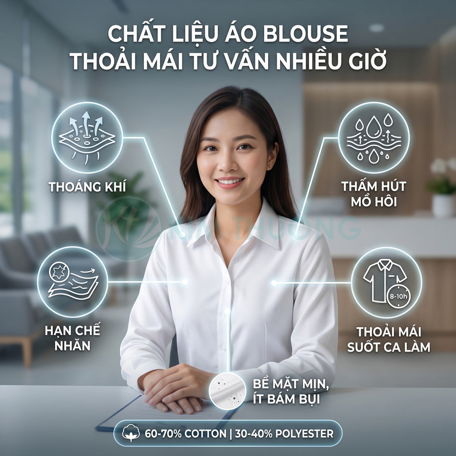 Áo blouse nữ màu trắng chất liệu cotton polyester thoáng khí thấm hút mồ hôi hạn chế nhăn bề mặt mịn ít bám bụi