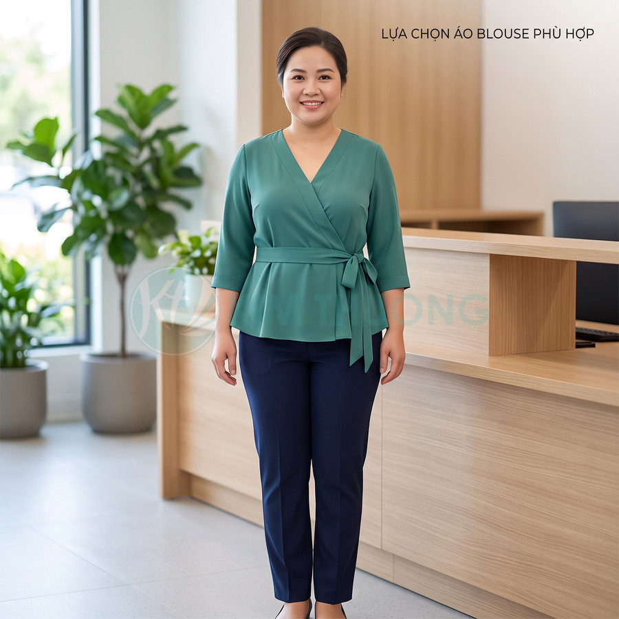 Người phụ nữ mặc áo blouse xanh cổ chữ V tay lửng thắt nơ eo phối quần tây xanh navy trong văn phòng