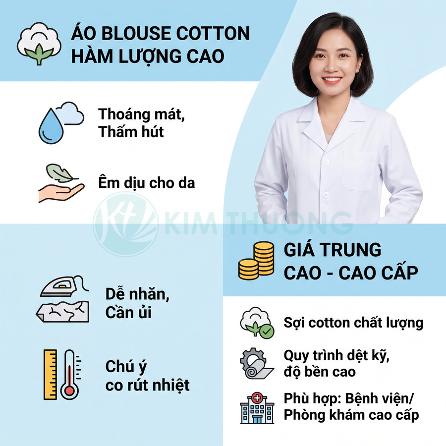 Áo blouse cotton trắng tay dài cho nhân viên y tế, thoáng mát, thấm hút và phù hợp bệnh viện, phòng khám cao cấp
