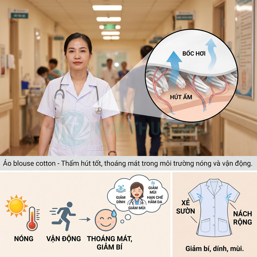 Áo blouse cotton tay ngắn thấm hút mồ hôi, thoáng mát với xẻ sườn và nách rộng