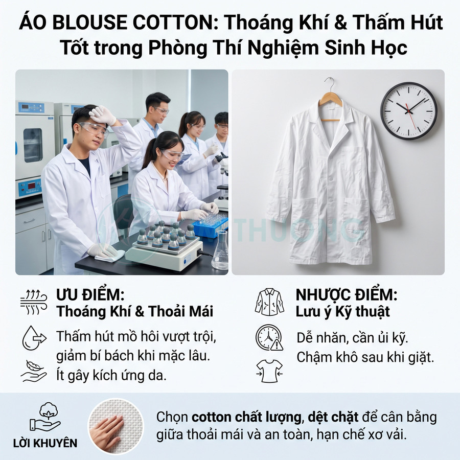 Áo blouse cotton trắng cho phòng thí nghiệm sinh học, minh họa ưu nhược điểm về độ thoáng khí, thấm hút và cách bảo quản