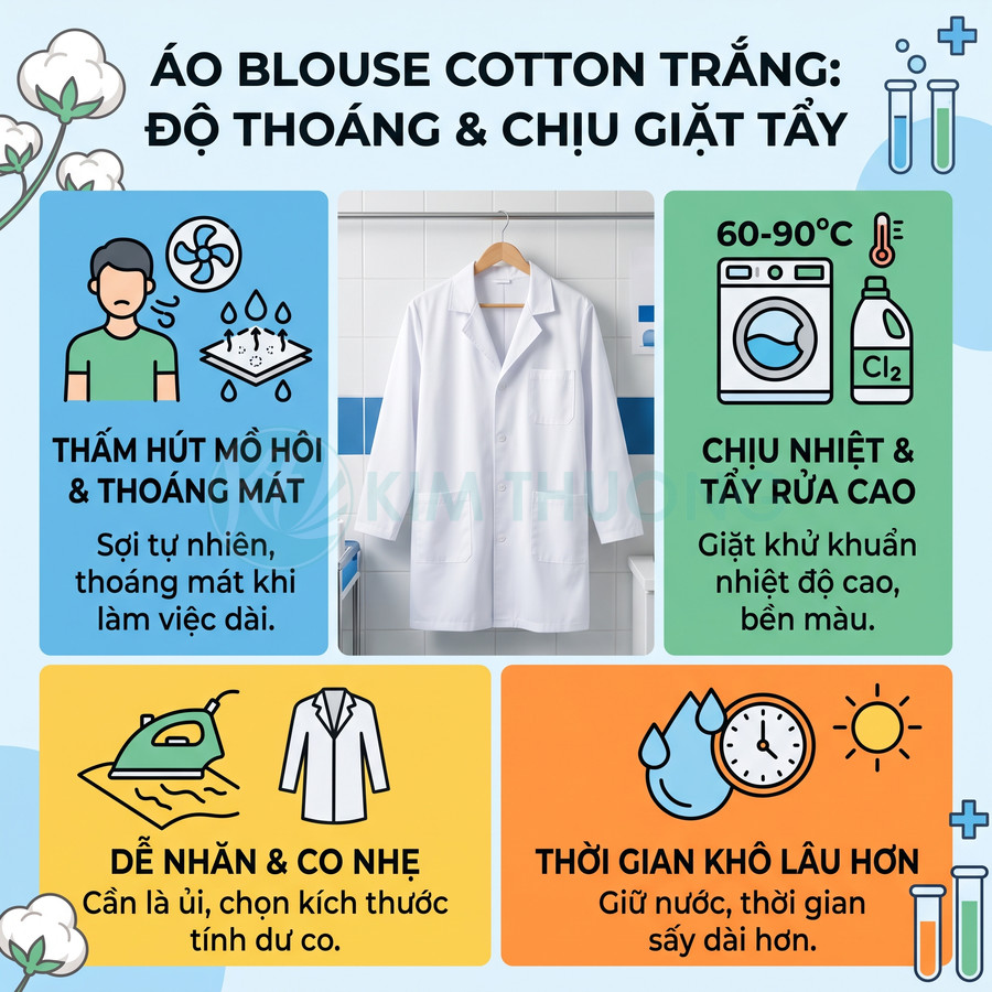 Áo blouse cotton trắng treo trong phòng khám, mô tả khả năng thấm hút mồ hôi, chịu nhiệt và tẩy rửa cao
