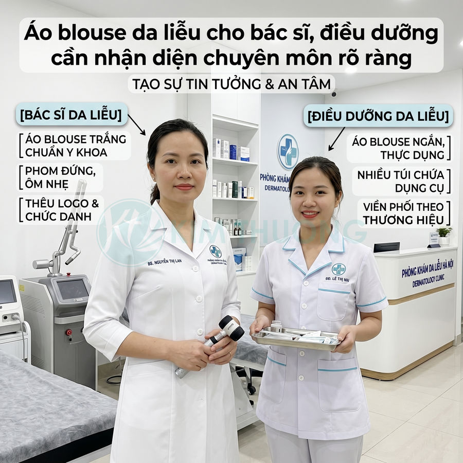 Áo blouse da liễu cho bác sĩ và điều dưỡng màu trắng thêu logo, thiết kế chuẩn y khoa trong phòng khám hiện đại