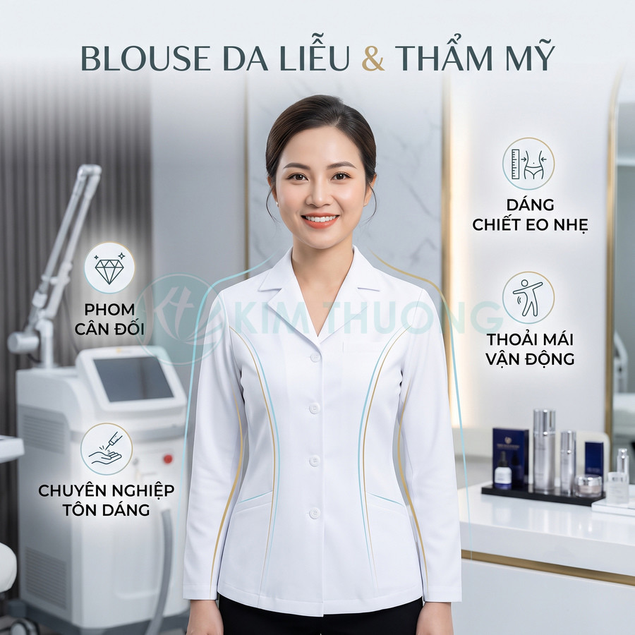Blouse da liễu thẩm mỹ màu trắng dáng chiết eo nhẹ cho nhân viên spa thẩm mỹ viện