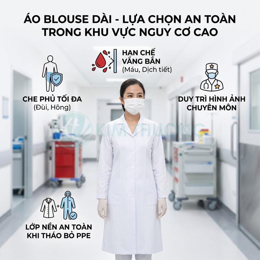 Áo blouse dài trắng cho nhân viên y tế, che phủ toàn thân, hạn chế văng bắn và giữ hình ảnh chuyên nghiệp trong bệnh viện