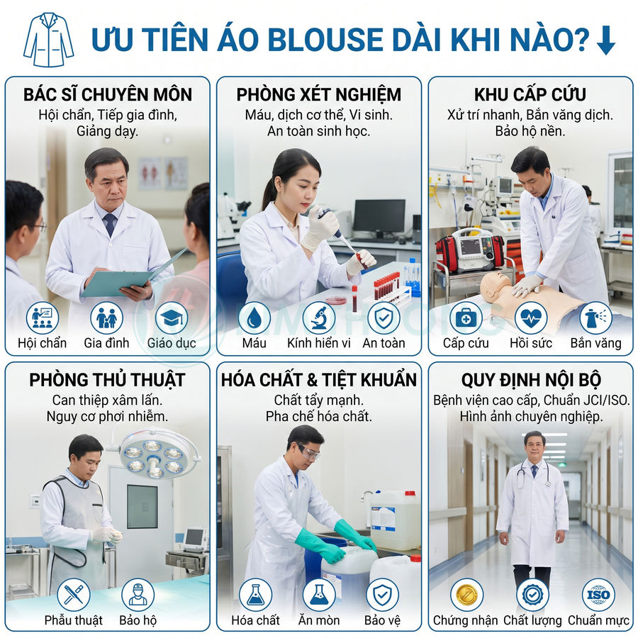 Bác sĩ và nhân viên y tế mặc áo blouse dài làm việc trong bệnh viện, thăm khám, xét nghiệm và cấp cứu bệnh nhân