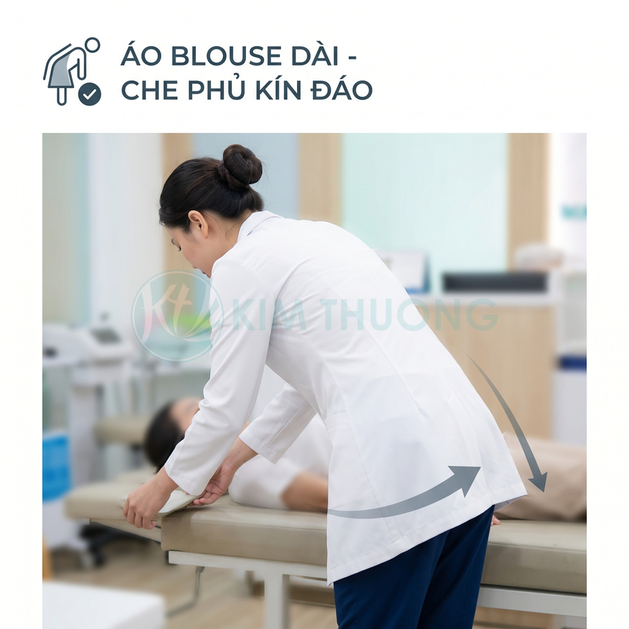 Áo blouse dài trắng kín đáo cho nhân viên y tế đang chăm sóc bệnh nhân trên giường khám
