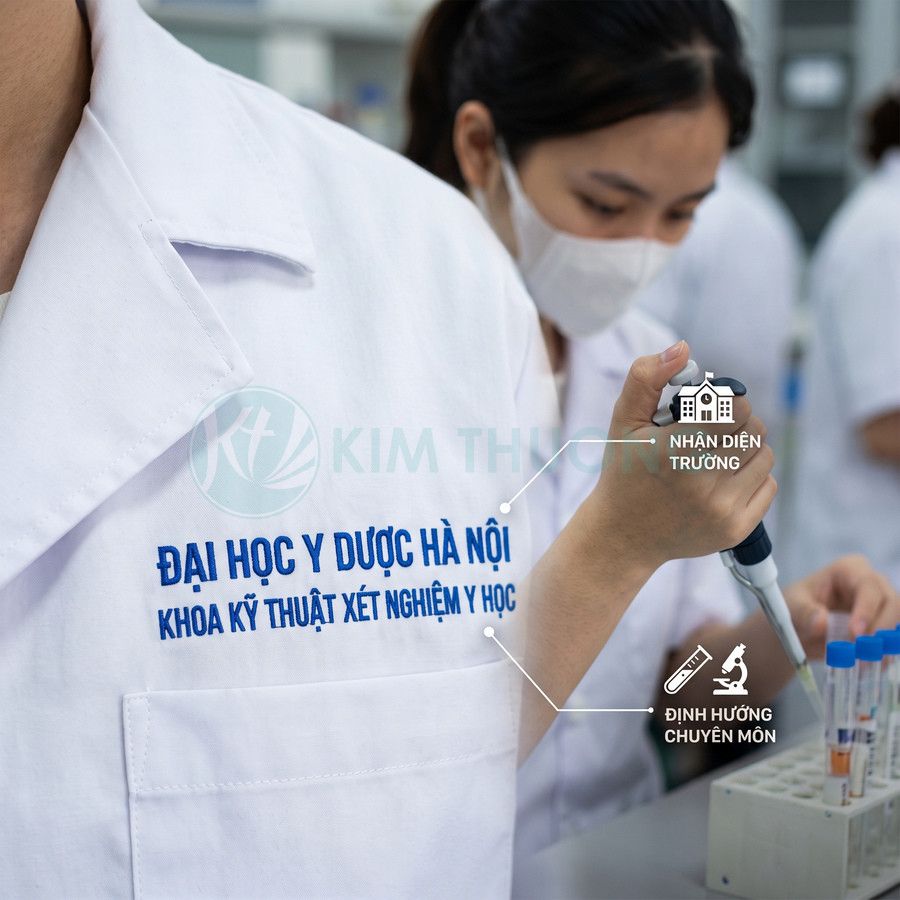 Áo blouse thêu logo Đại học Y Dược Hà Nội khoa Kỹ thuật xét nghiệm y học trong phòng thí nghiệm