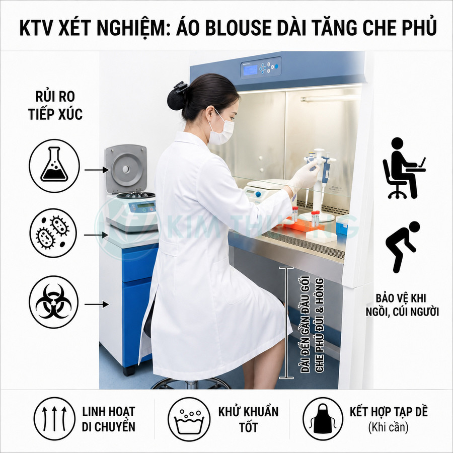 Kỹ thuật viên xét nghiệm mặc áo blouse dài màu trắng làm việc trong phòng lab, ngồi thao tác tại tủ an toàn sinh học