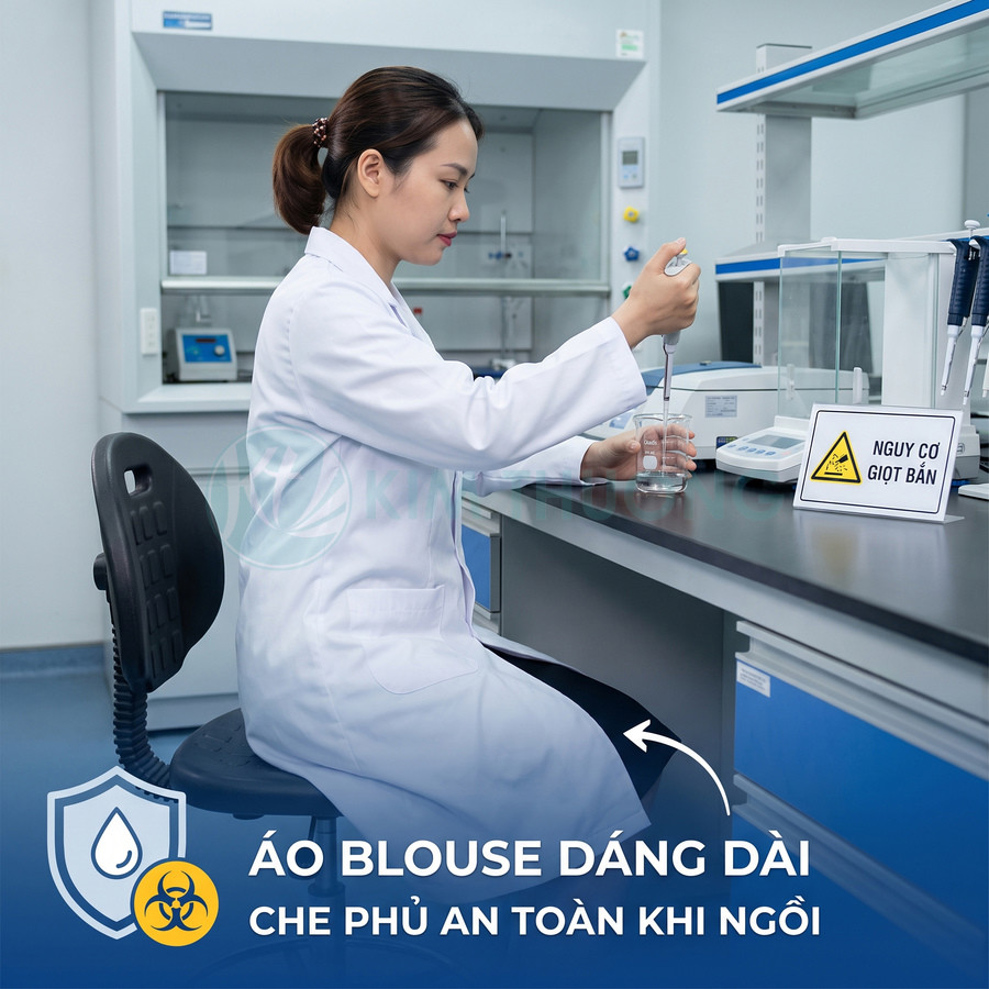 Áo blouse phòng thí nghiệm dáng dài che phủ cơ thể khi ngồi, giúp bảo vệ an toàn khỏi nguy cơ giọt bắn