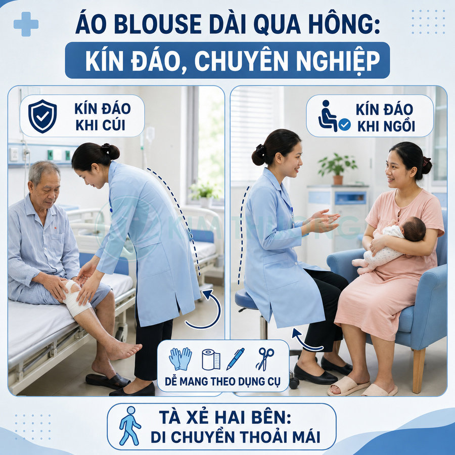 Áo blouse dài màu xanh cho nhân viên y tế, kín đáo khi cúi và ngồi, có tà xẻ hai bên tiện di chuyển