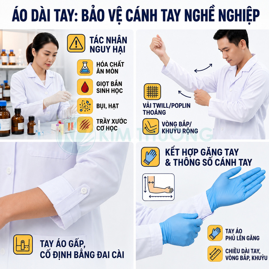 Áo blouse dài tay bảo hộ phòng thí nghiệm màu trắng kết hợp găng tay y tế xanh bảo vệ cánh tay khỏi hóa chất