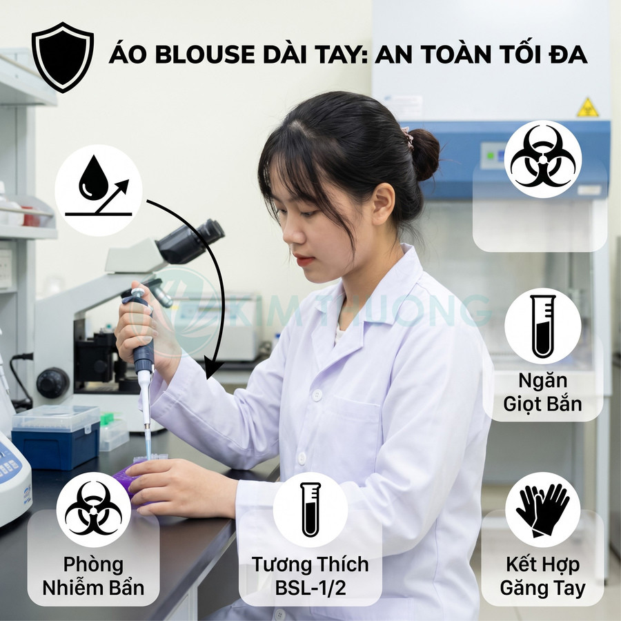 Áo blouse phòng thí nghiệm dài tay màu trắng, hỗ trợ hạn chế giọt bắn và phù hợp kết hợp với găng tay bảo hộ