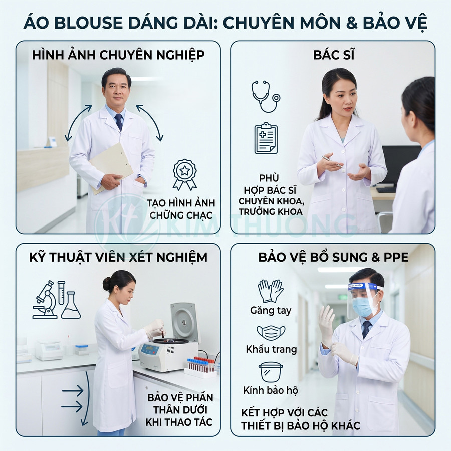 Áo blouse dáng dài màu trắng cho bác sĩ và kỹ thuật viên xét nghiệm trong bệnh viện, kết hợp đồ bảo hộ PPE