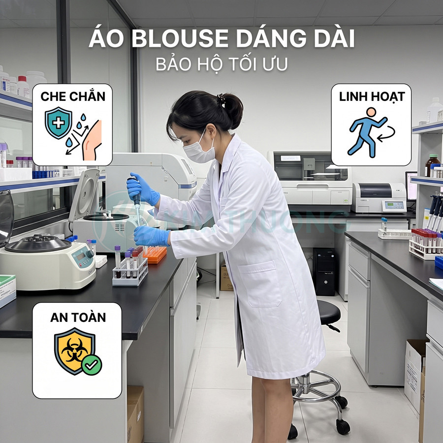 Áo blouse dáng dài màu trắng cho nhân viên y tế làm việc trong phòng thí nghiệm, bảo hộ tối ưu