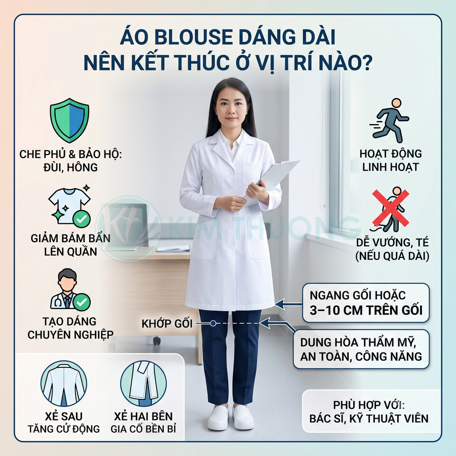 Áo blouse dáng dài trắng cho bác sĩ, độ dài ngang gối, thiết kế xẻ sau và xẻ hai bên tiện hoạt động
