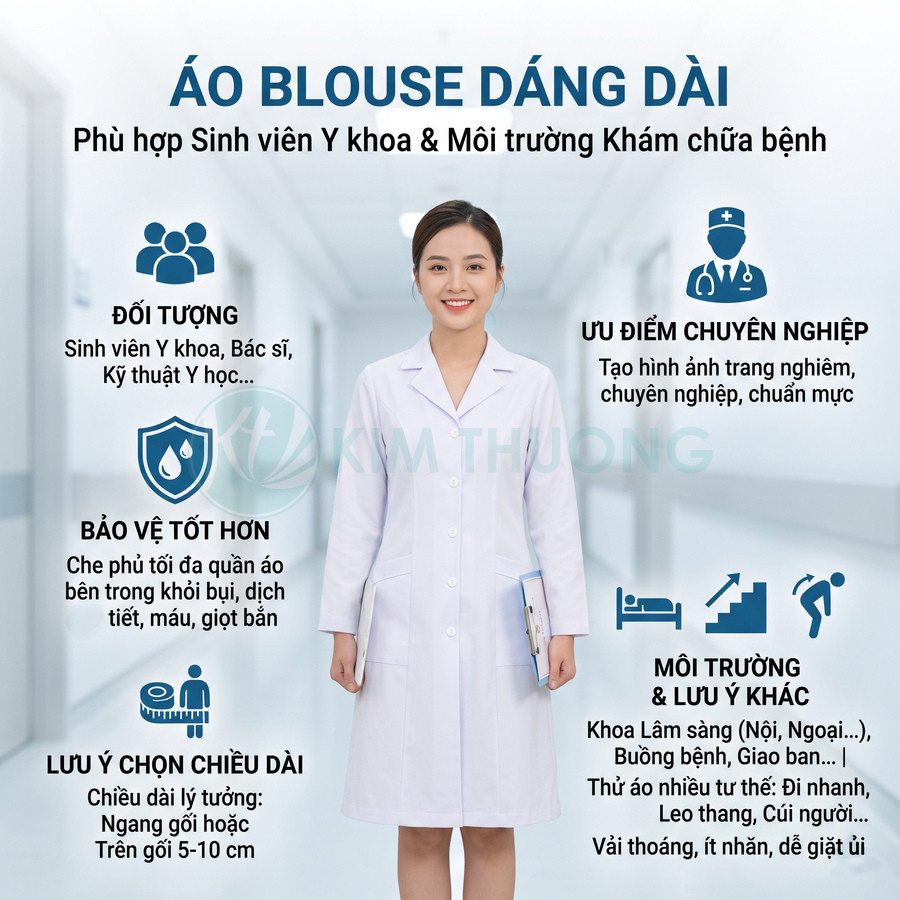 Nữ bác sĩ mặc áo blouse dáng dài màu trắng đứng trong hành lang bệnh viện, tay cầm hồ sơ y khoa