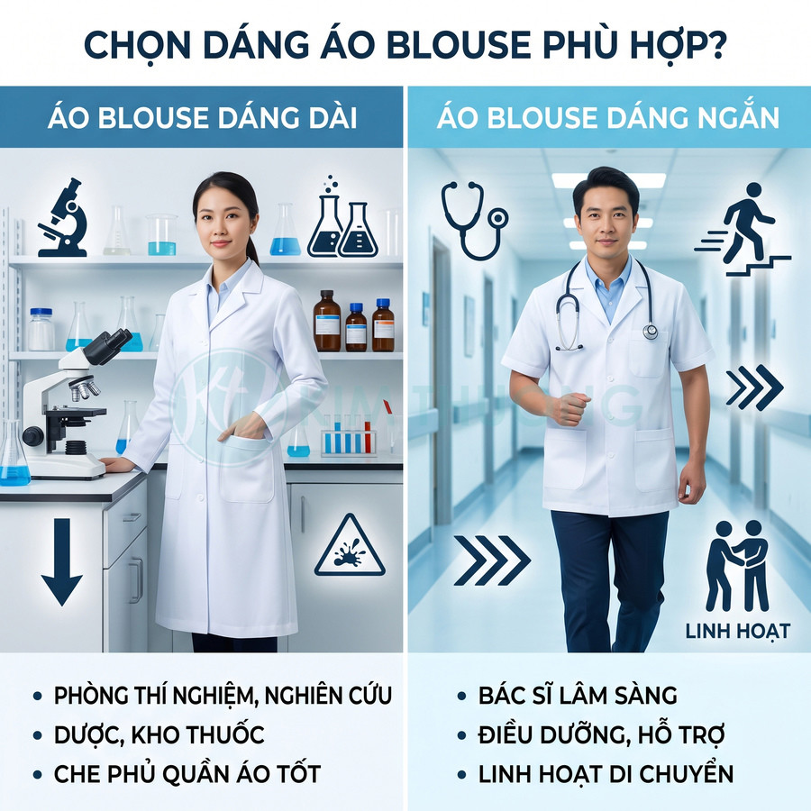 So sánh áo blouse dáng dài cho phòng thí nghiệm và áo blouse dáng ngắn cho bác sĩ điều dưỡng linh hoạt