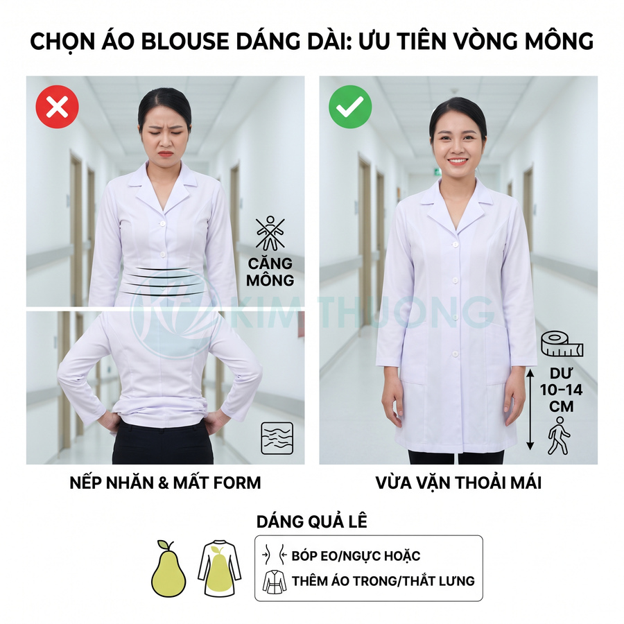Hướng dẫn chọn áo blouse dáng dài cho dáng quả lê, ưu tiên dài qua vòng mông 10 đến 14 cm để vừa vặn thoải mái, tránh nhăn và mất form