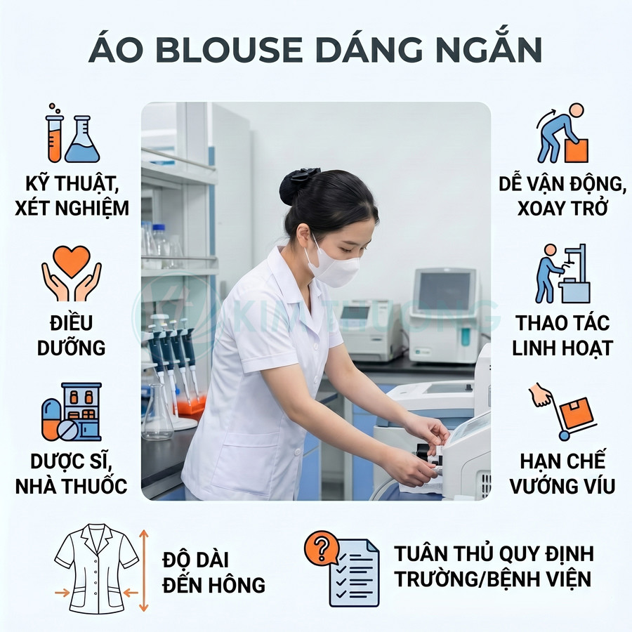 Áo blouse dáng ngắn màu trắng cho nhân viên y tế, thiết kế gọn gàng dễ vận động trong phòng thí nghiệm