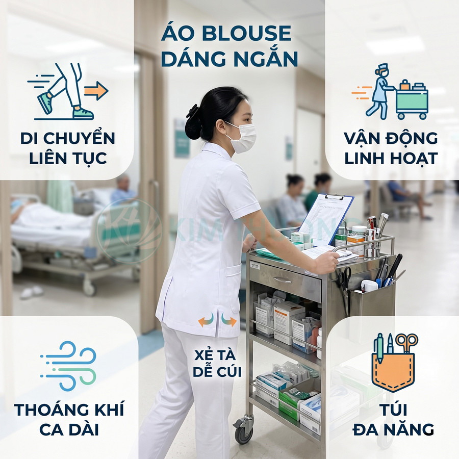 Áo blouse dáng ngắn cho y tá màu trắng, thoáng khí, xẻ tà dễ cúi, túi đa năng, phù hợp di chuyển liên tục trong bệnh viện