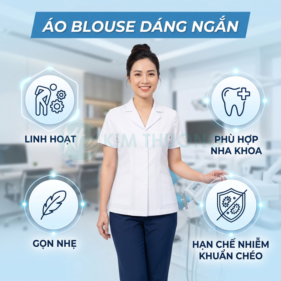 Áo blouse dáng ngắn màu trắng cho nhân viên y tế, thiết kế gọn nhẹ linh hoạt, phù hợp môi trường nha khoa