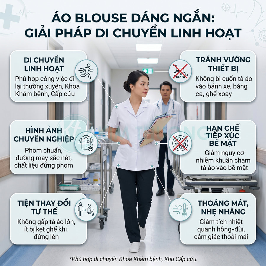 Áo blouse dáng ngắn cho nữ nhân viên y tế, màu trắng, phối quần tối màu, phù hợp di chuyển linh hoạt trong bệnh viện