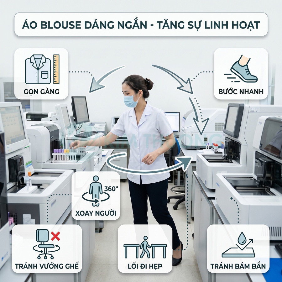 Áo blouse dáng ngắn cho nhân viên y tế trong phòng xét nghiệm, thiết kế gọn gàng giúp di chuyển linh hoạt