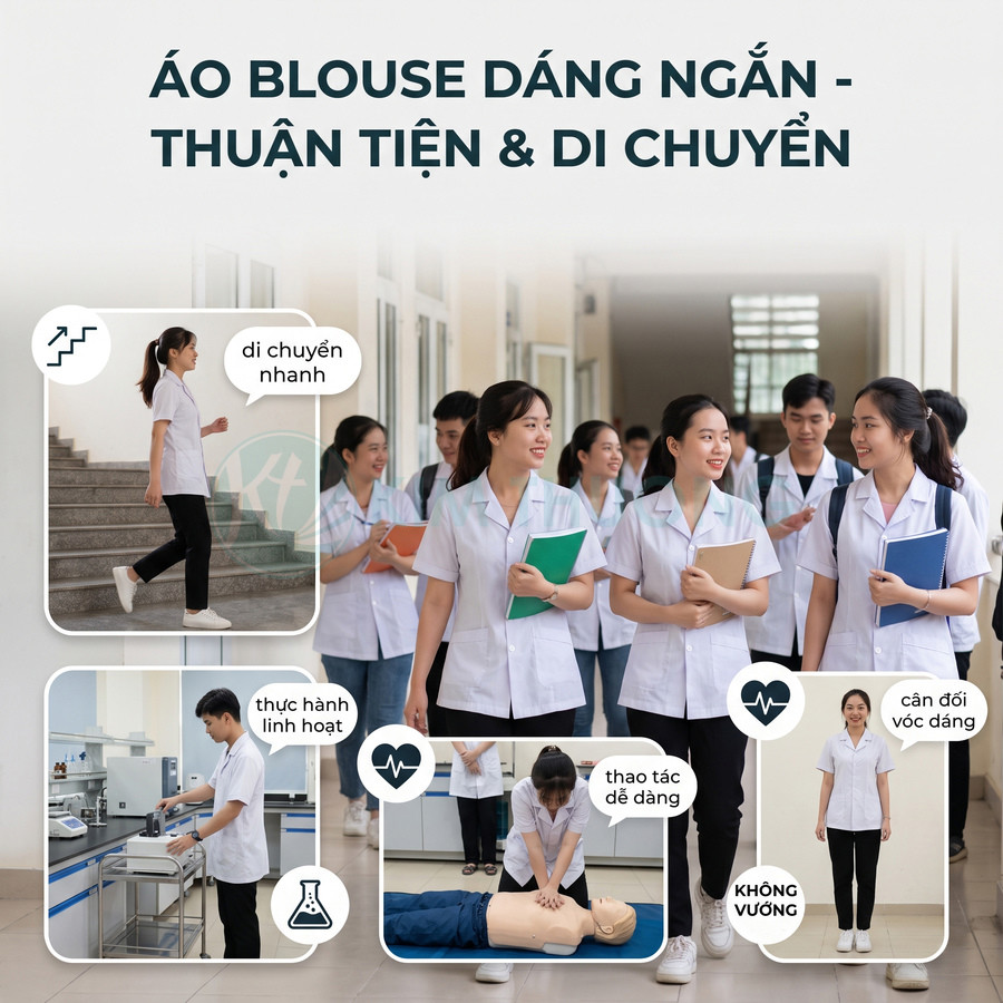 Sinh viên y khoa mặc áo blouse dáng ngắn màu trắng, dễ di chuyển và thực hành trong bệnh viện