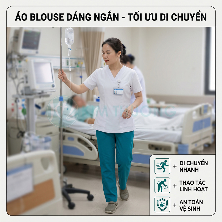 Áo blouse dáng ngắn cho điều dưỡng màu trắng phối quần xanh, phù hợp di chuyển nhanh trong bệnh viện