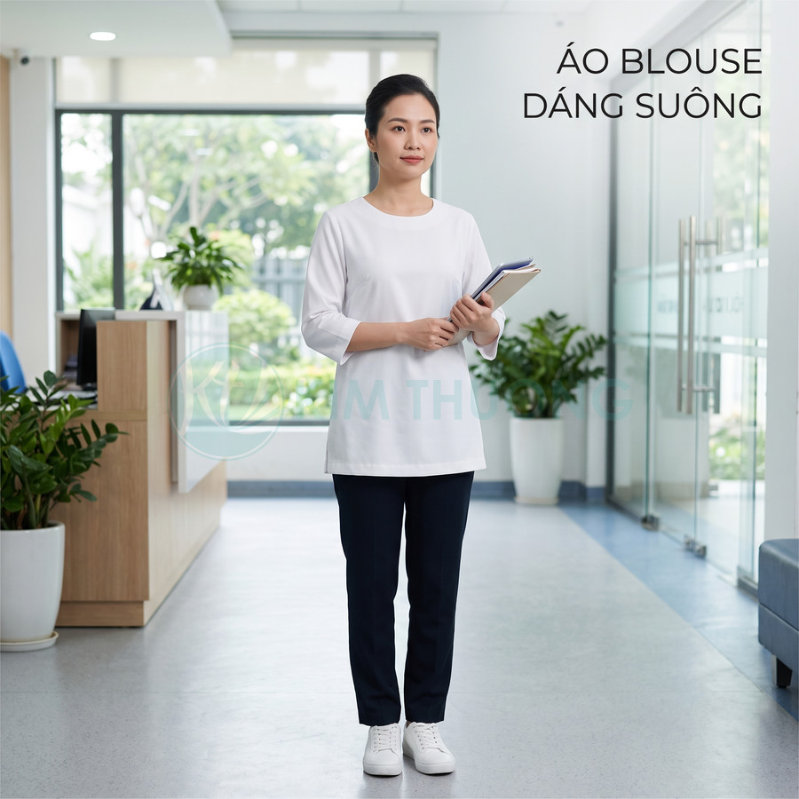 Áo blouse dáng suông màu trắng tay lửng cho nhân viên y tế trong không gian bệnh viện hiện đại