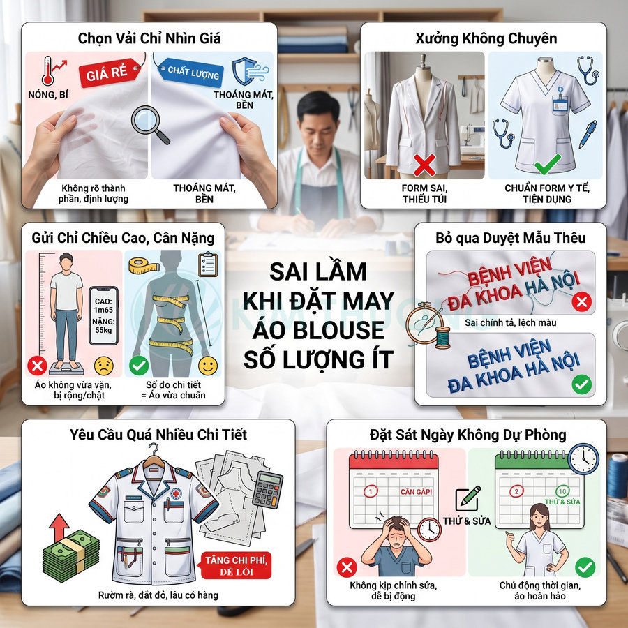 Infographic về các sai lầm khi đặt may áo blouse số lượng ít, từ chọn vải đến duyệt mẫu và thời gian đặt may